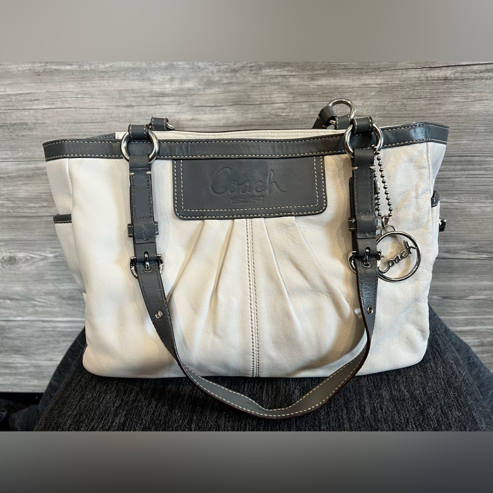 Coach White and Grey Leather Satchel Bag Purse. Great condition.